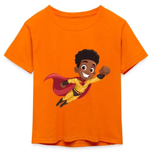 Flying Cartoon Superhero Boy in Red Cape - Kid's 50/50 Neon T-Shirt