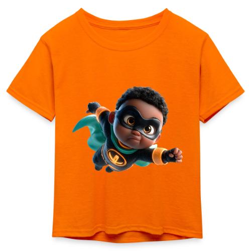 Brave Cartoon Superhero Boy in Green Cape - Kid's 50/50 Neon T-Shirt