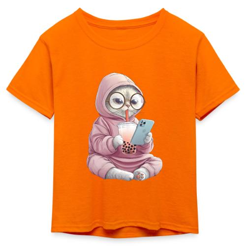 Cool Cat Bubble Tea Cartoon Design - Kid's 50/50 Neon T-Shirt