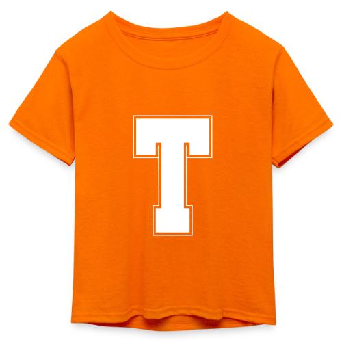 White Letter T – Varsity Alphabet Monogram - Kid's 50/50 Neon T-Shirt