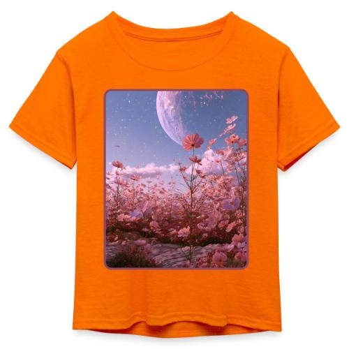 Cosmic Moon & Cosmos Flowers Art - Kid's 50/50 Neon T-Shirt