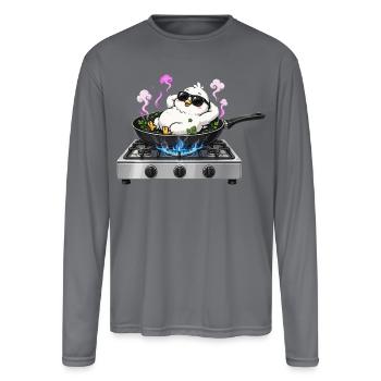 Chilling Chicken on Stove - Cute Cooking Humor - Men's Moisture Wicking Performance Long Sleeve T-Shirt - gray - Front