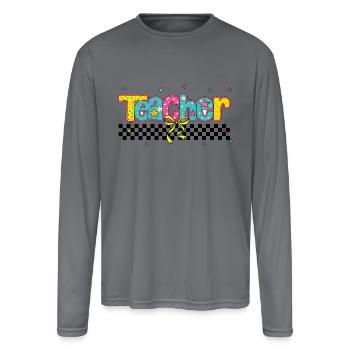 Retro Teacher Checkered Last Day of School - Men's Moisture Wicking Performance Long Sleeve T-Shirt - gray - Front