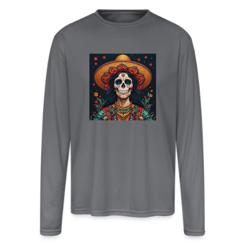 Charra Skull Art | Traditional Mexican Design - Men's Moisture Wicking Performance Long Sleeve T-Shirt