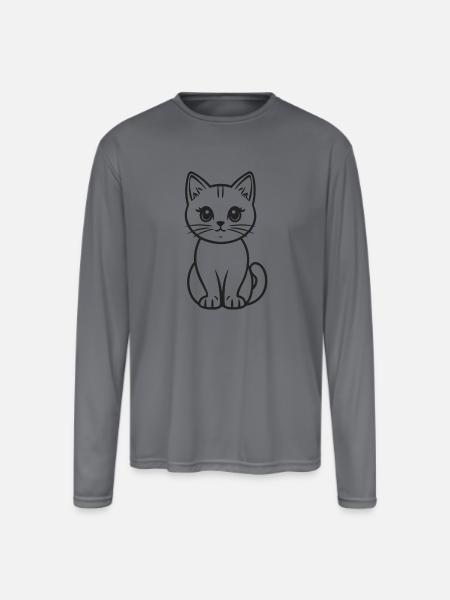 Outline Cat Detailed Cat Face - Men's Moisture Wicking Performance Long Sleeve T-Shirt - gray