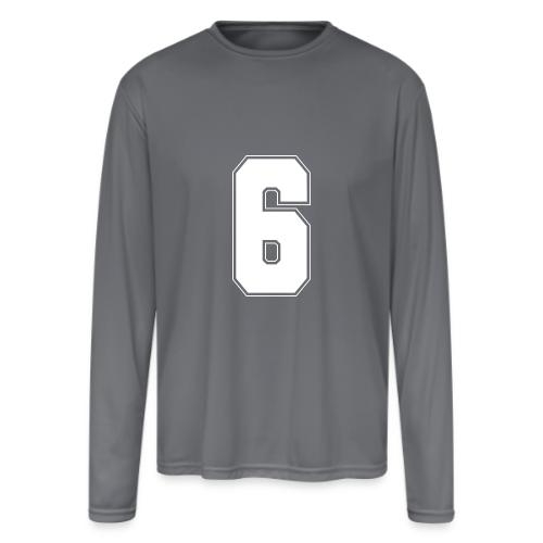 White Number 6 – Varsity Font - Men's Moisture Wicking Performance Long Sleeve T-Shirt