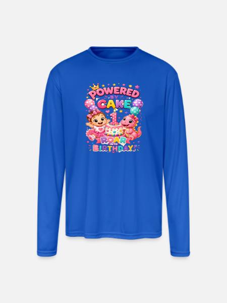 Powered_by_Cake_Dinosaur_1st_Birthday_Shirt Girls - Men's Moisture Wicking Performance Long Sleeve T-Shirt - royal blue