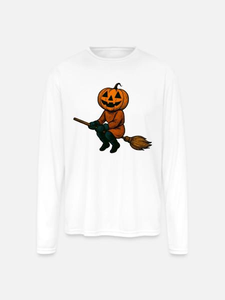Pumpkinhead Witch on Broom - Men's Moisture Wicking Performance Long Sleeve T-Shirt - white