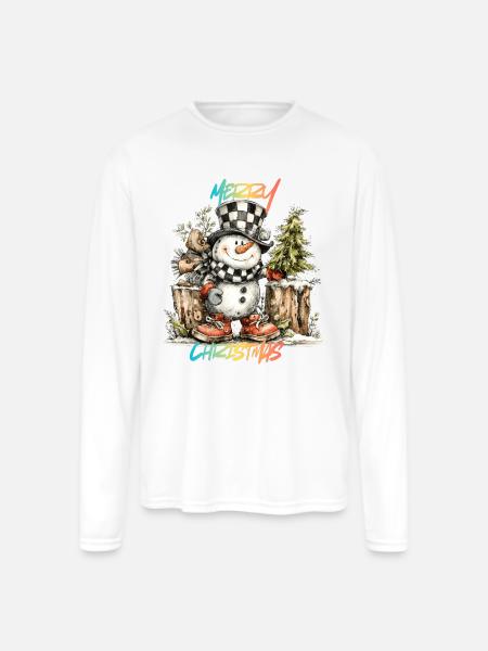 Checkerboard Snowman Christmas Tee - Men's Moisture Wicking Performance Long Sleeve T-Shirt - white