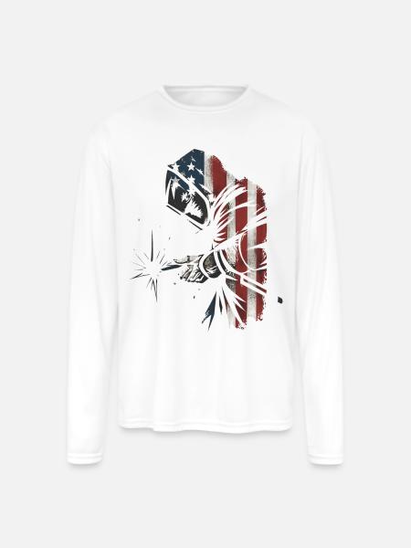 American Flag Welder Distressed Graphic - Men's Moisture Wicking Performance Long Sleeve T-Shirt - white