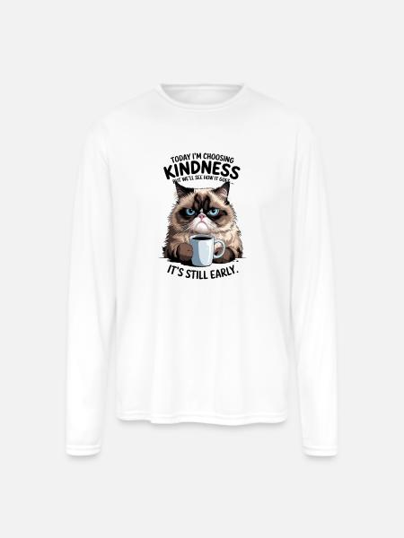 Grumpy Cat with Coffee - Men's Moisture Wicking Performance Long Sleeve T-Shirt - white