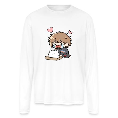 Crying Chibi Boy with Stray Cat - Men's Moisture Wicking Performance Long Sleeve T-Shirt