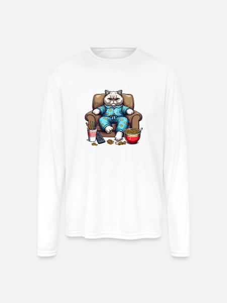 Cozy Cat in Blue Pajamas - Men's Moisture Wicking Performance Long Sleeve T-Shirt - white