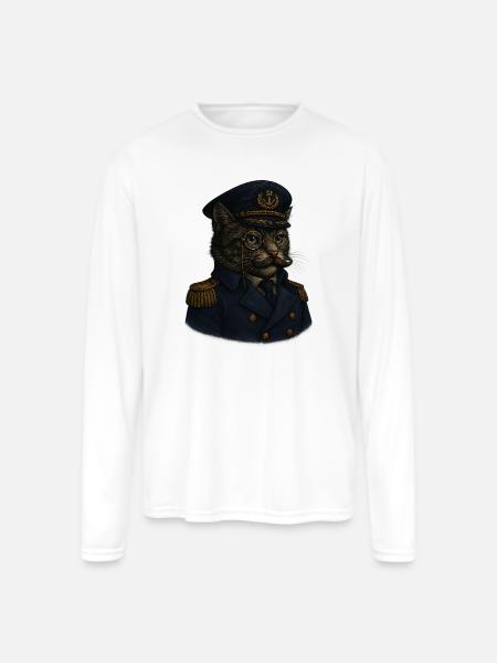 Admiral Whiskers: The Feline Commander - Men's Moisture Wicking Performance Long Sleeve T-Shirt - white