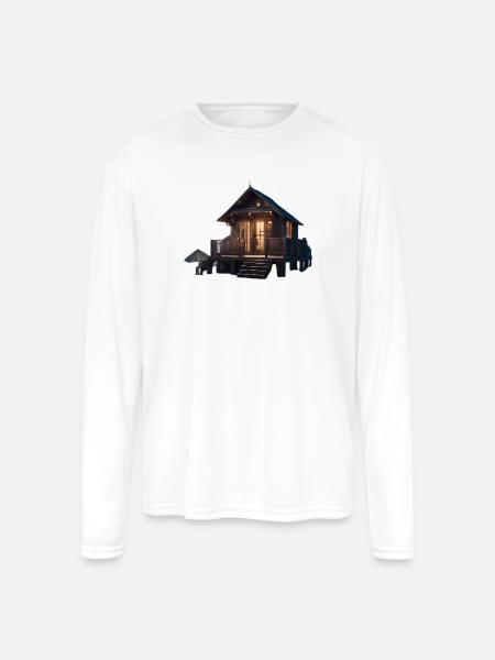 Rustic Cabin Nightscape Design - Men's Moisture Wicking Performance Long Sleeve T-Shirt - white