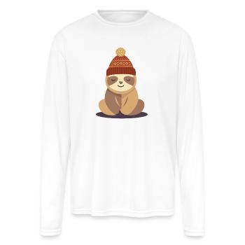 Cozy Sloth in Winter Knit Hat - Men's Moisture Wicking Performance Long Sleeve T-Shirt - white - Front