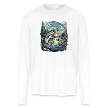 Bass Jump at Sunset Fishing Art - Men's Moisture Wicking Performance Long Sleeve T-Shirt - white - Front