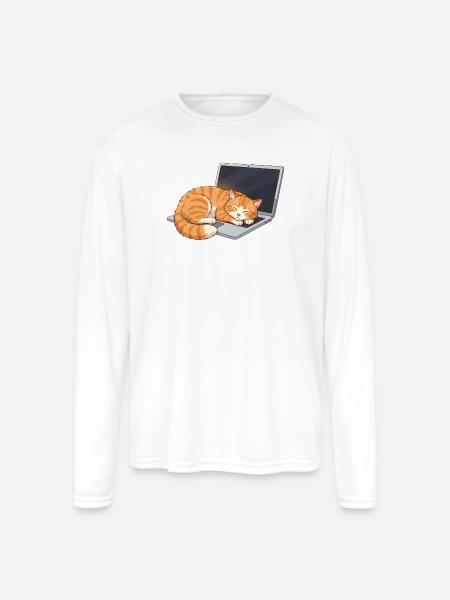 Cozy Tabby on Laptop - Men's Moisture Wicking Performance Long Sleeve T-Shirt - white