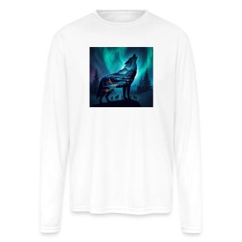 Howling Wolf Silhouette Under Aurora Borealis  - Men's Moisture Wicking Performance Long Sleeve T-Shirt - white - Front