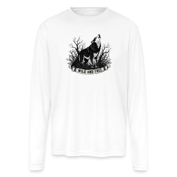 Wild and Free Wolf – Howling Wolf Wilderness Black - Men's Moisture Wicking Performance Long Sleeve T-Shirt - white - Front
