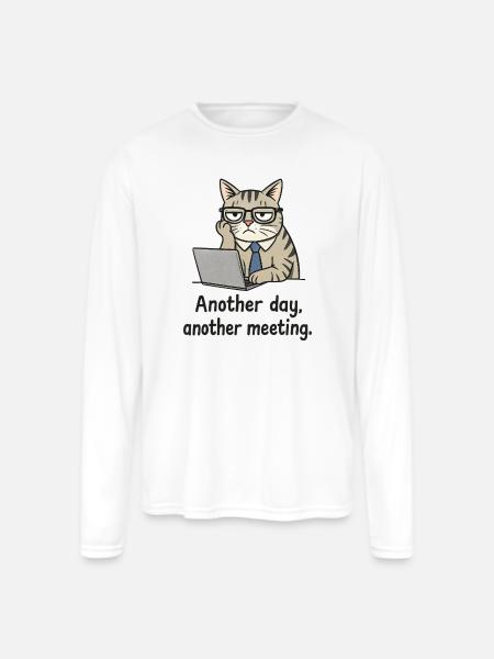 Grumpy Office Cat at Laptop - Men's Moisture Wicking Performance Long Sleeve T-Shirt - white