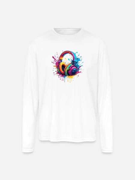 Neon Splash Headphones Art - Men's Moisture Wicking Performance Long Sleeve T-Shirt - white