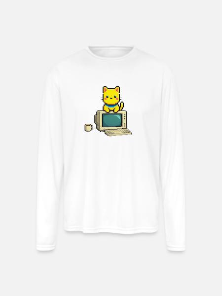 Pixel Cat on Retro Computer - Men's Moisture Wicking Performance Long Sleeve T-Shirt - white