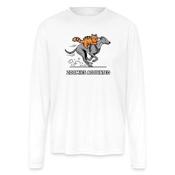 Zoomies Activated Funny Cat Riding Dog - Men's Moisture Wicking Performance Long Sleeve T-Shirt - white - Front