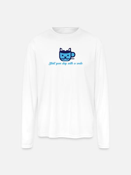 Blue Cat Morning Smile - Men's Moisture Wicking Performance Long Sleeve T-Shirt - white