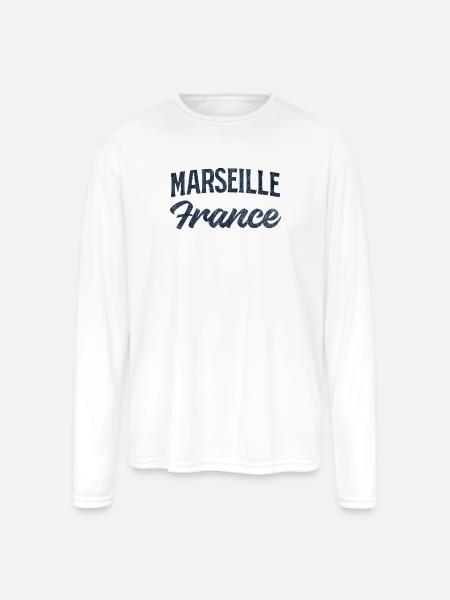 Marseille France Script Logo - Men's Moisture Wicking Performance Long Sleeve T-Shirt - white