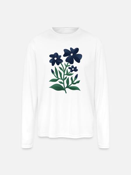Midnight Blue Bloom Botanical Print - Men's Moisture Wicking Performance Long Sleeve T-Shirt - white