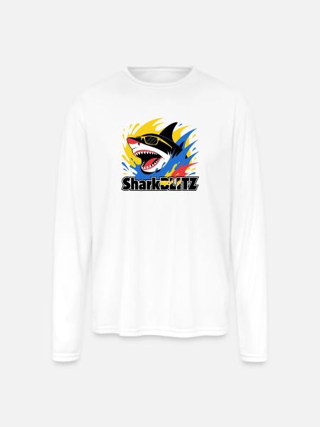 Neon Shark Splash Sunglasses Tee - Men's Moisture Wicking Performance Long Sleeve T-Shirt - white