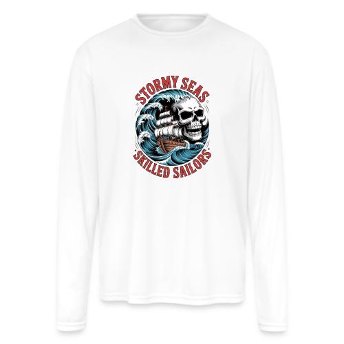 Stormy Seas Skull Pirate Ship Nautical Ocean Waves - Men's Moisture Wicking Performance Long Sleeve T-Shirt