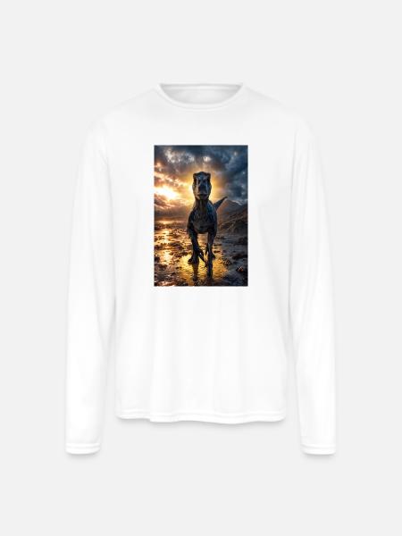 Dino at Sunset Shore - Men's Moisture Wicking Performance Long Sleeve T-Shirt - white