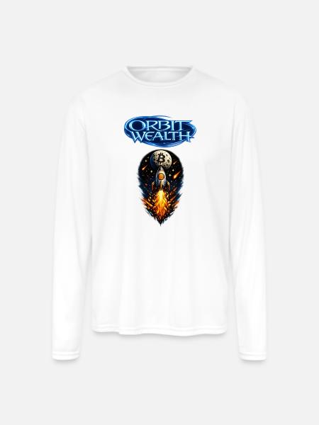 Orbit Wealth Bitcoin Rocket - Men's Moisture Wicking Performance Long Sleeve T-Shirt - white
