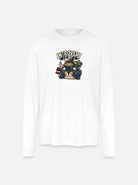 Introvert Cat Cozy Reader - Men's Moisture Wicking Performance Long Sleeve T-Shirt - white