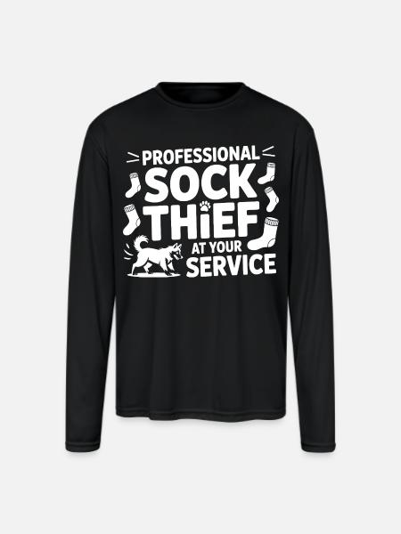 Funny Dog Professional Sock Thief  - Men's Moisture Wicking Performance Long Sleeve T-Shirt - black