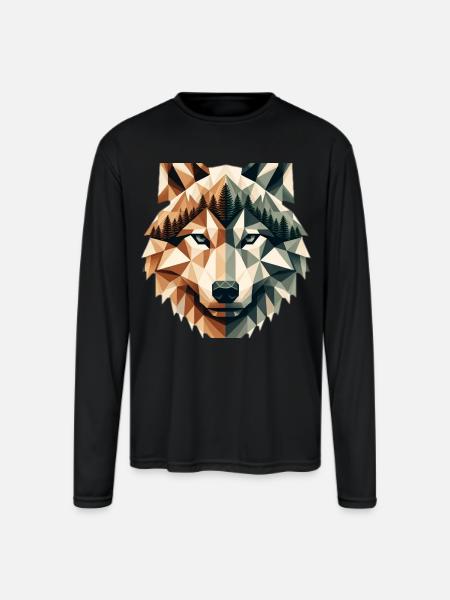 Geometric Wolf Over Peaks - Men's Moisture Wicking Performance Long Sleeve T-Shirt - black