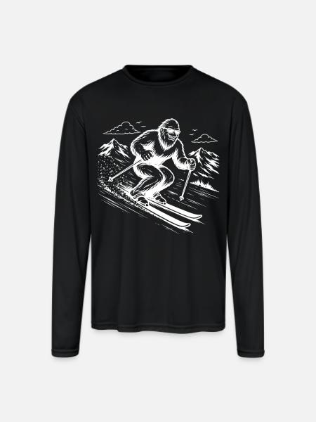 Bigfoot Sasquatch Skier in the Mountains - Men's Moisture Wicking Performance Long Sleeve T-Shirt - black