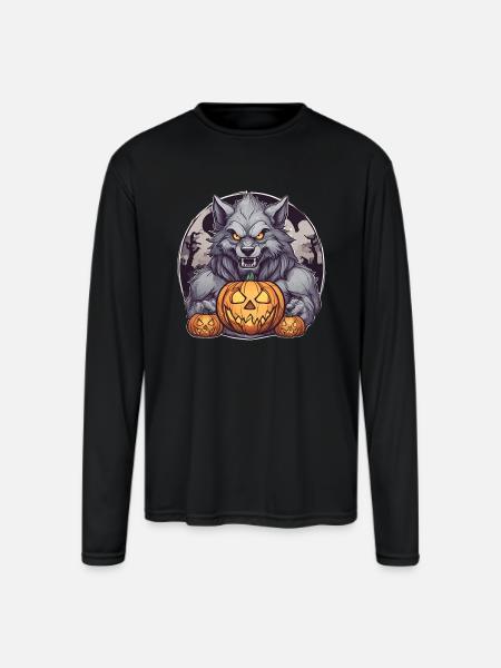 Halloween Werewolf Pumpkin - Men's Moisture Wicking Performance Long Sleeve T-Shirt - black