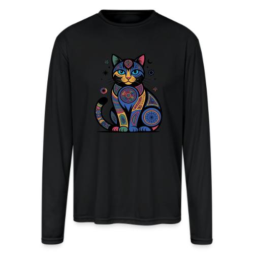 Vibrant Geometric Cat Mandala - Men's Moisture Wicking Performance Long Sleeve T-Shirt