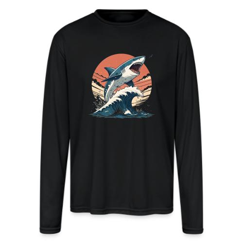 Fierce Shark Breaking Through Waves - Men's Moisture Wicking Performance Long Sleeve T-Shirt