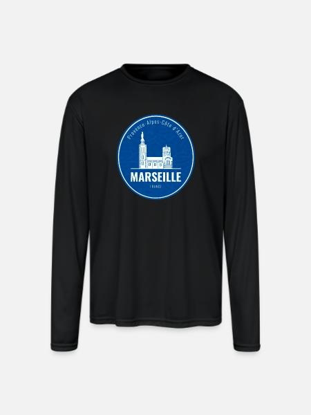 Blue Marseille Landmark Patch - Men's Moisture Wicking Performance Long Sleeve T-Shirt - black