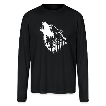 Howling Wolf & Forest Silhouette - Men's Moisture Wicking Performance Long Sleeve T-Shirt - black - Front