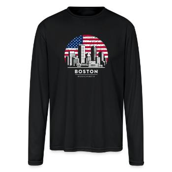 Boston Skyline Flag Emblem - Men's Moisture Wicking Performance Long Sleeve T-Shirt - black - Front