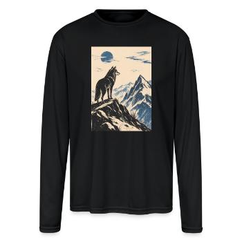 Moonlit Wolf on Alpine Cliffs - Men's Moisture Wicking Performance Long Sleeve T-Shirt - black - Front