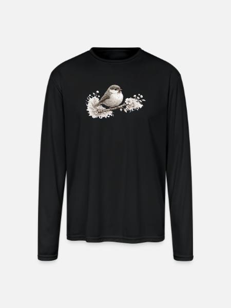 Small Bird in Bloom – Monochrome Woodland - Men's Moisture Wicking Performance Long Sleeve T-Shirt - black