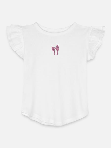 Pink Ribbon embroidered - Toddler Girls Flutter T-shirt - white - Front