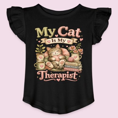 Flux Faux Embroidery My Cat Is My Therapist Design - Toddler Girls Flutter T-shirt