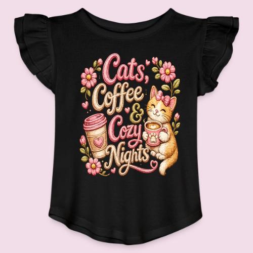 Cats, Coffee & Cozy Nights Faux Stitched Design - Toddler Girls Flutter T-shirt
